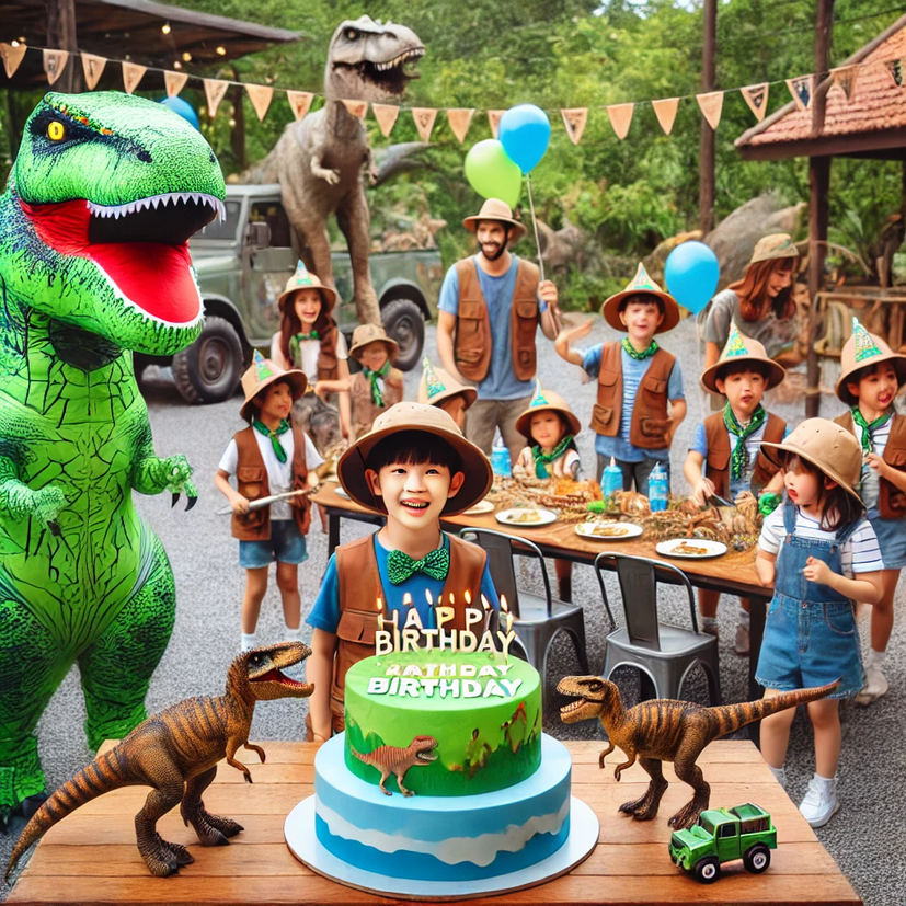 Anniversaire d'un enfant entouré des ses amis au Parc Dinopédia à Ales devant son gâteau