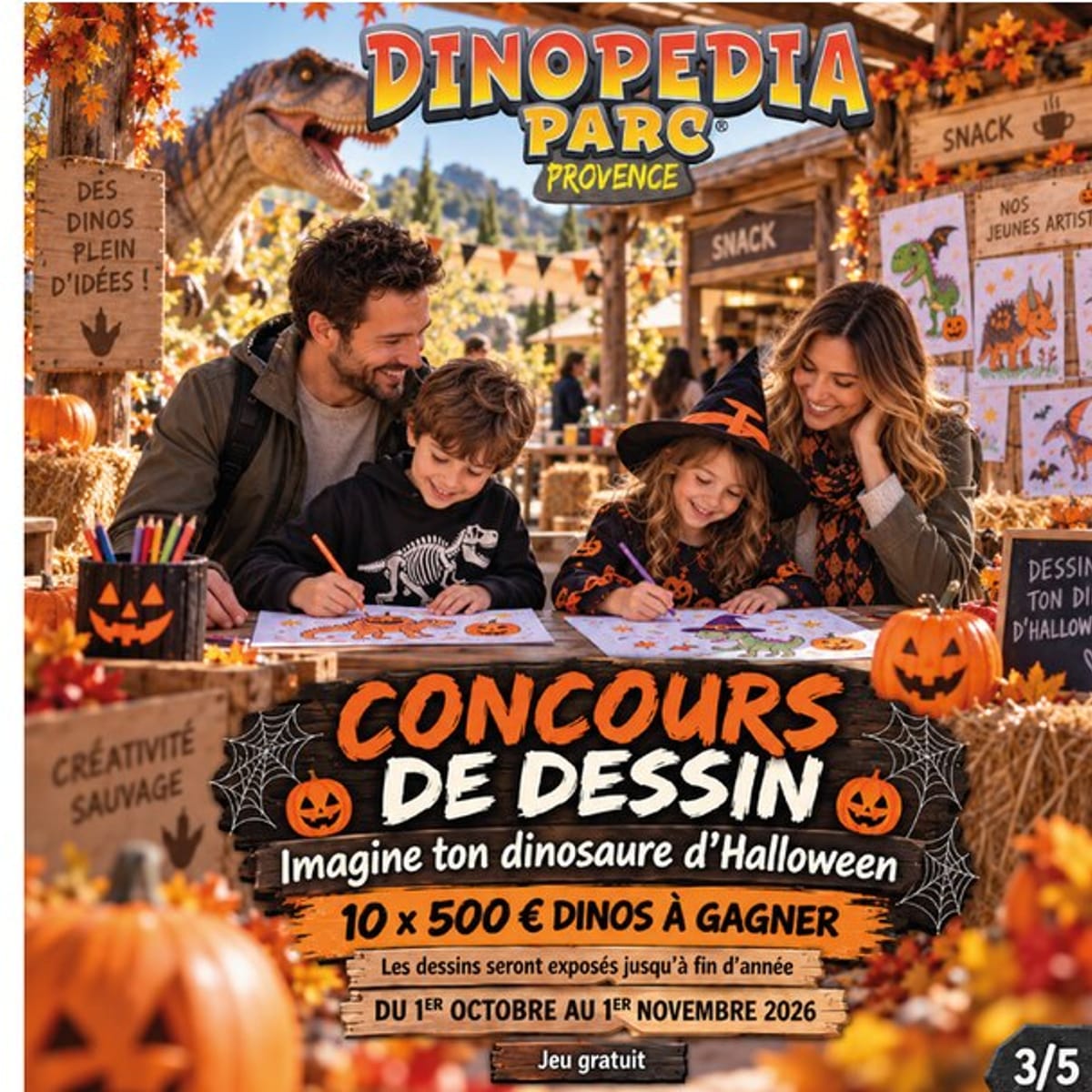 Des enfants imaginent et dessinent leur dinosaure d’Halloween.
