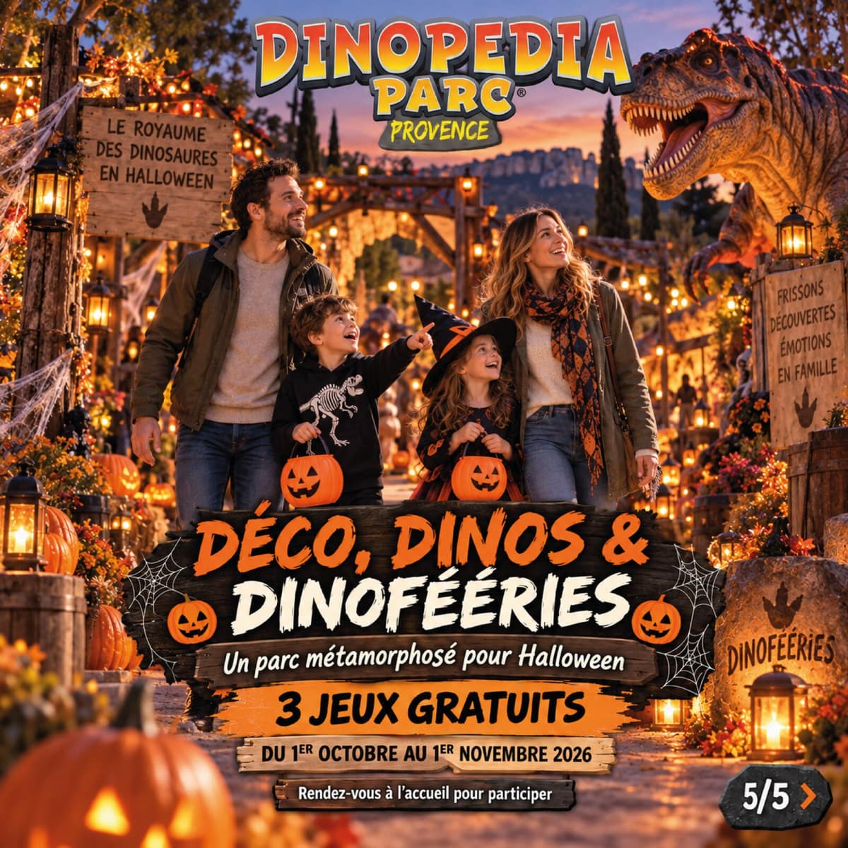 Une famille découvre les dinosaures illuminés pendant une soirée Dino-Féeries.