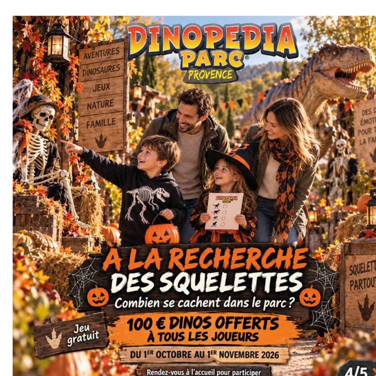 Une famille cherche les squelettes cachés dans le décor du parc.