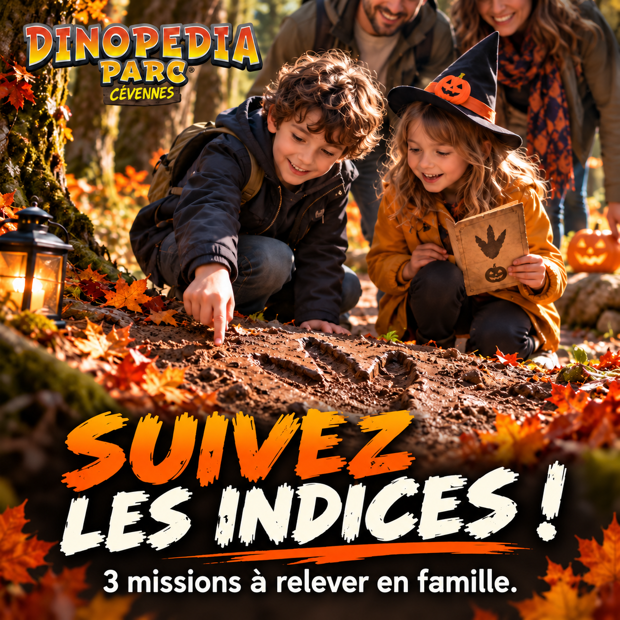 Enfants sur la piste des empreintes pendant Mission Halloween à Dinopedia